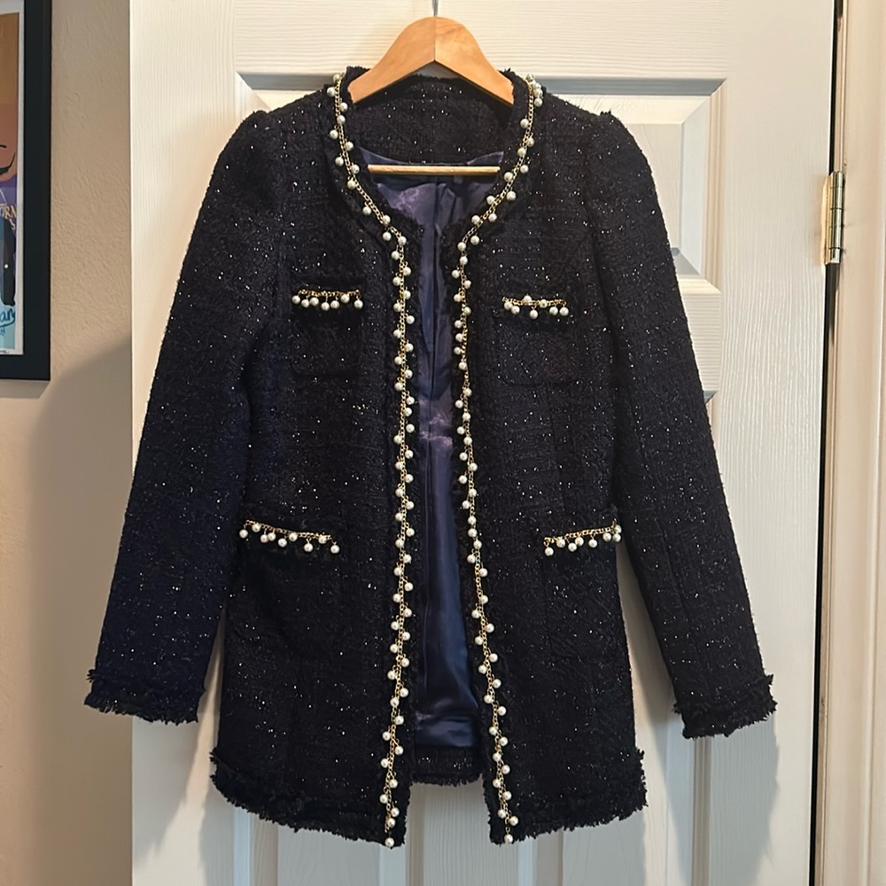Navy Tweed Blazer with Pearls